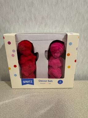 Spritz Flocked Cherub Statues Set Red Pink Tabletop Decor New